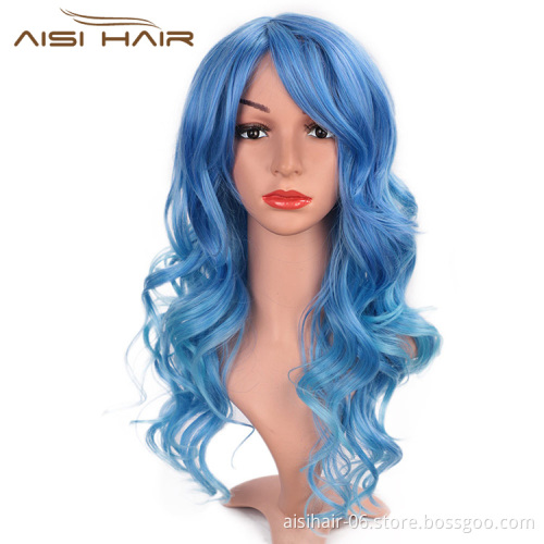 Aisi Hair Heat Resistant Synthetic Fiber Blue Wigs 24 Inch Cosplay Wigs Long Big Wave Cosplay Wigs for Women